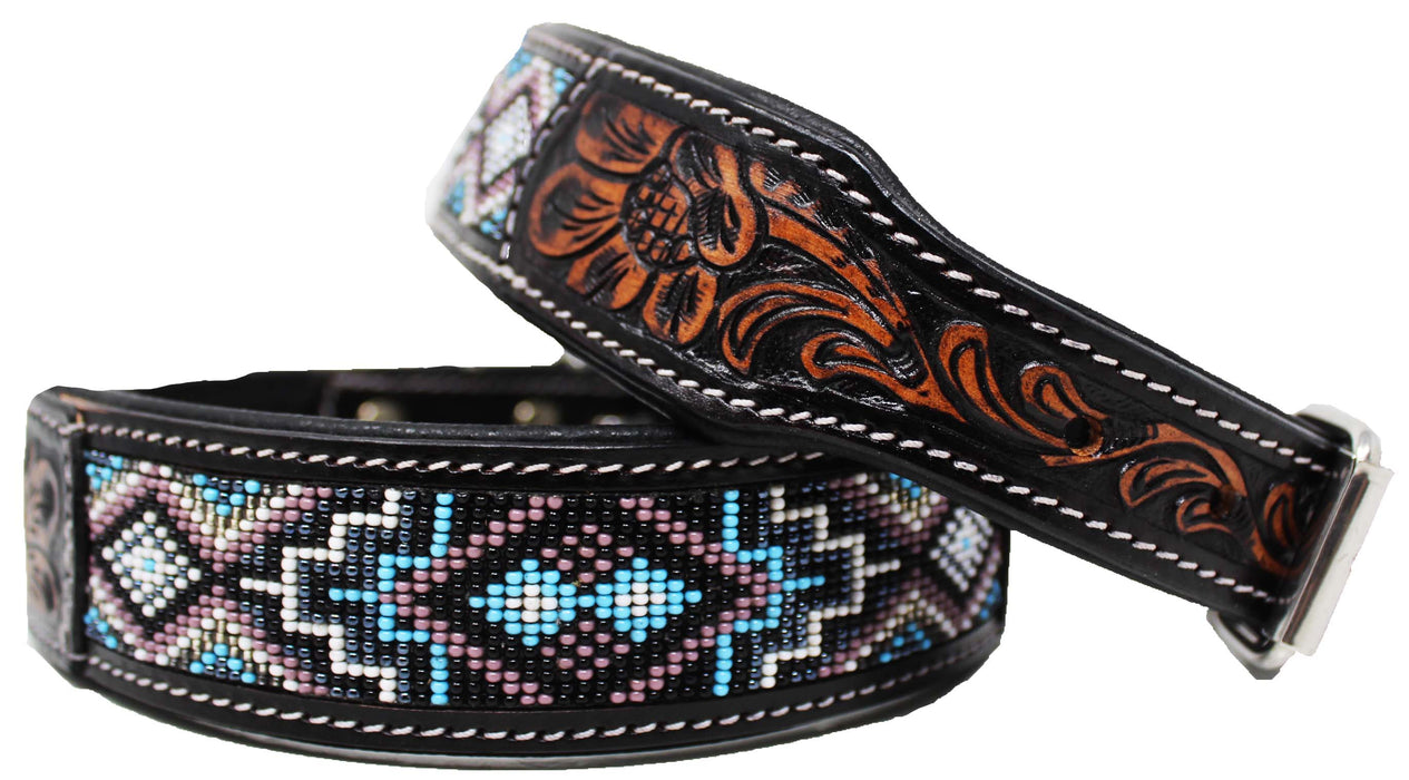 Handcrafted Beaded Tooled Leather Dog Collar Turquoise 60FK69
