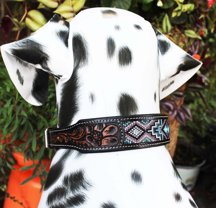 Handcrafted Beaded Tooled Leather Dog Collar Turquoise 60FK69