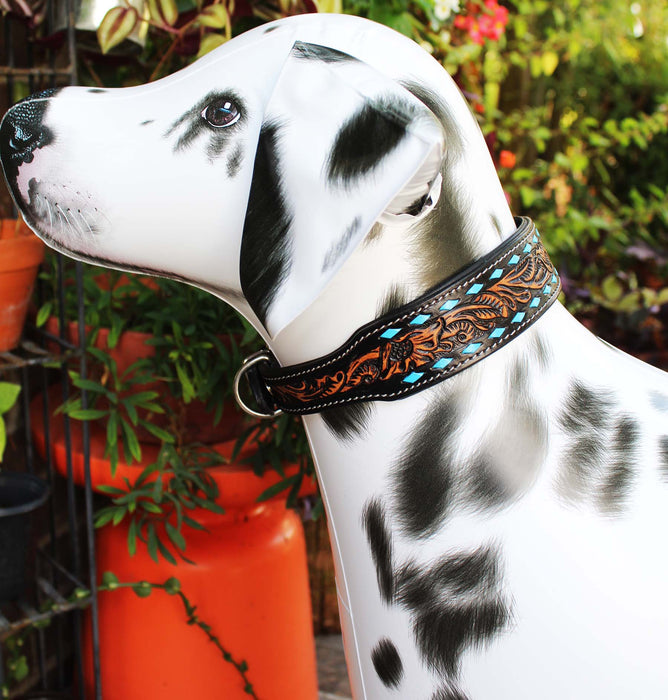 Turquoise Buckstitch Genuine Tooled Leather Padded Dog Collar 60FK70