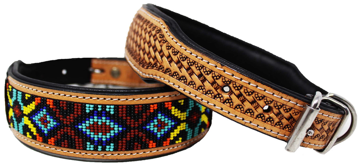 100% Full grain Leather Basket Weave Tooled Padded Beaded Dog Collar 60FK74
