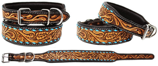 Padded Leather Dog Collar Floral Hand Tooled 60HR05