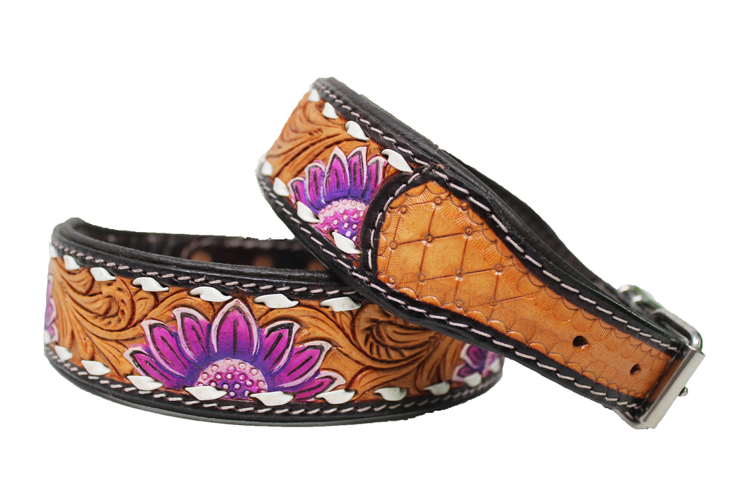 Hand Tooled Floral Padded Leather Beaded Dog Collar Floral Hand Tooled 60HR07PR