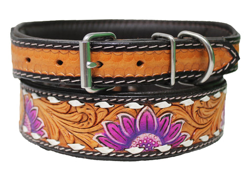 Hand Tooled Floral Padded Leather Beaded Dog Collar Floral Hand Tooled 60HR07PR