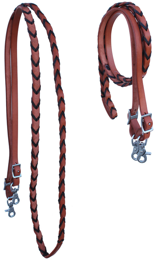 Horse Western Tack 8ft Contest Laced Barrel Leather Rein w/ Snaps 6639