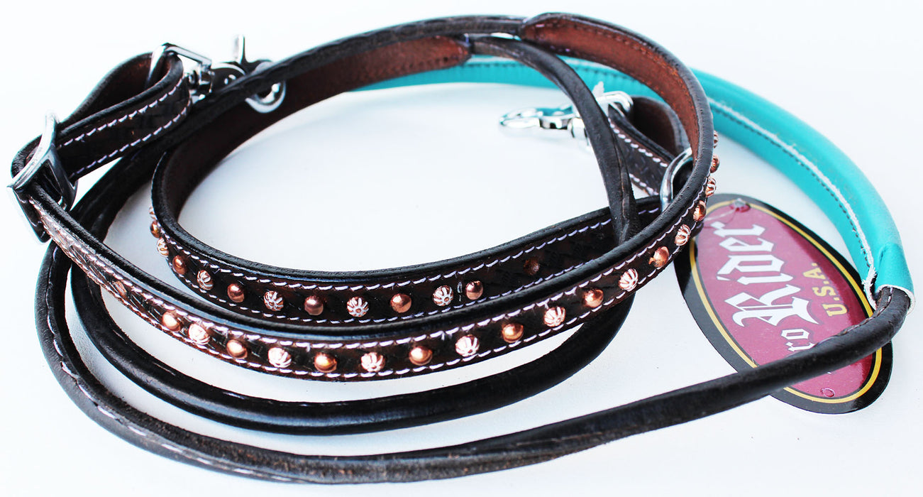 Horse 8ft Contest Western Tack Saddle Barrel Leather Reins Turquoise Brown 6643
