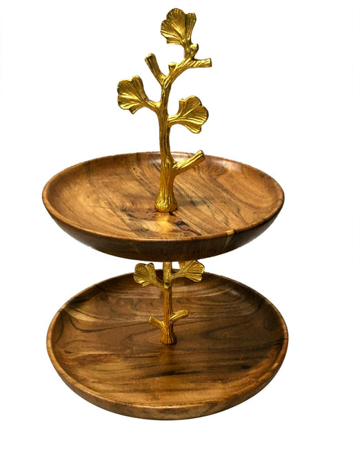 Handmade Natural Acacia Wood 2 tier Cake Stand With Golden Handle 67AF05