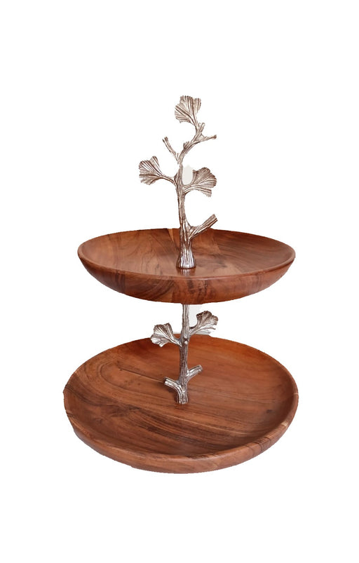 Handmade Natural Acacia Wood 2 tier Cake Stand With Golden Handle 67AF05-S