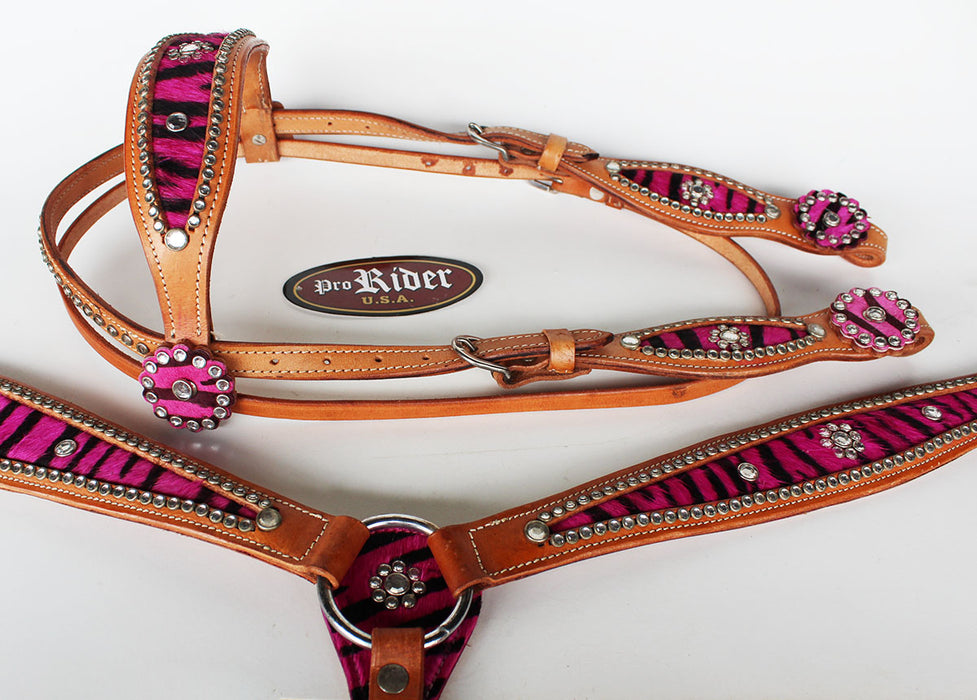 Horse Western Riding Leather Bridle Headstall Breast Collar Tack Pink 76101