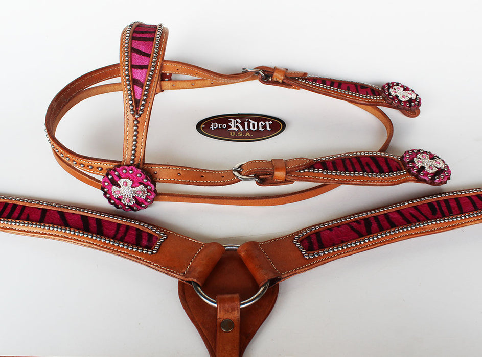 Horse Western Riding Leather Bridle Headstall Breast Collar Tack Pink 76103