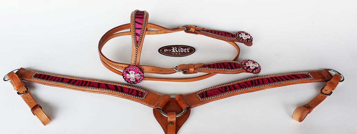 Horse Western Riding Leather Bridle Headstall Breast Collar Tack Pink 76103