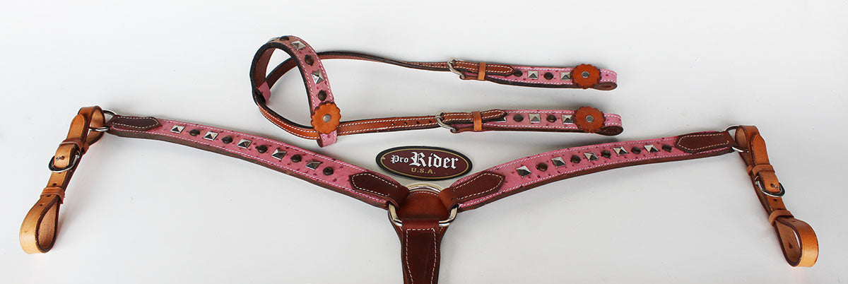 Horse Western Riding Leather Bridle Headstall Breast Collar Tack Pink 76104