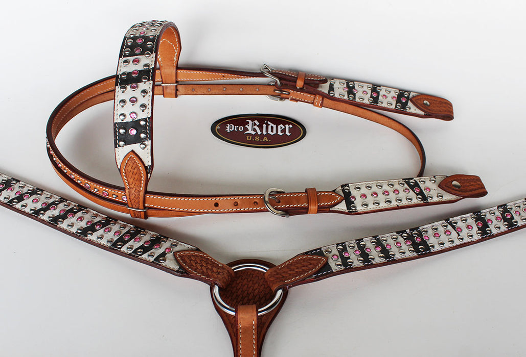 Horse Western Riding Leather Bridle Headstall Breast Collar Tack Pink 76107