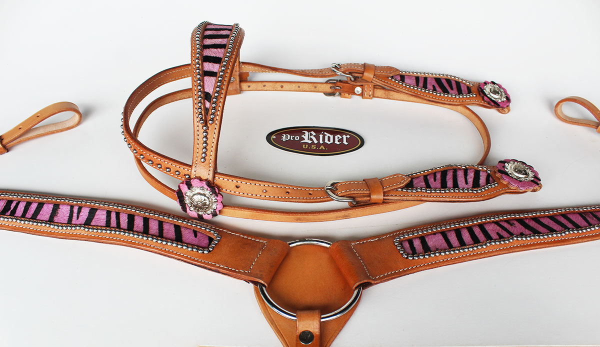 Horse Western Riding Leather Bridle Headstall Breast Collar Tack Pink 76114