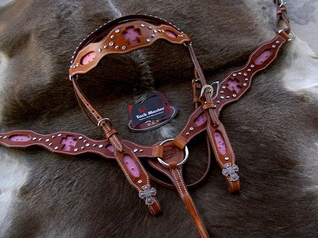 Horse Western Riding Leather Bridle Headstall Breast Collar Tack Pink 76152