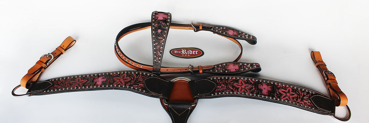 Horse Western Riding Leather Bridle Headstall Breast Collar Tack Pink 7615