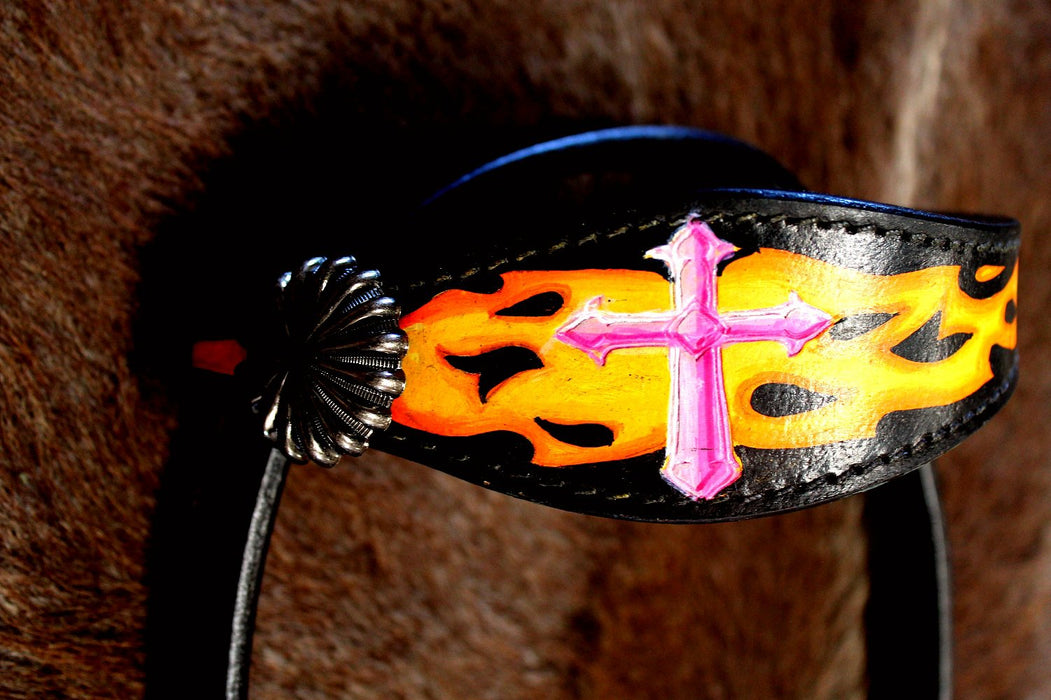 Horse Show Bridle Western Leather Headstall Tack Pink Yellow Cross  76165HA