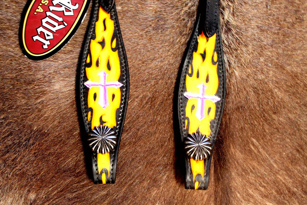 Horse Show Bridle Western Leather Headstall Tack Pink Yellow Cross  76165HA