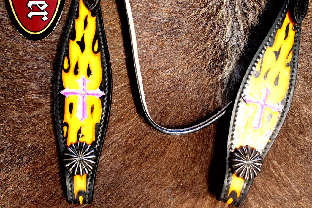 Horse Show Bridle Western Leather Headstall Tack Pink Yellow Cross  76165HA