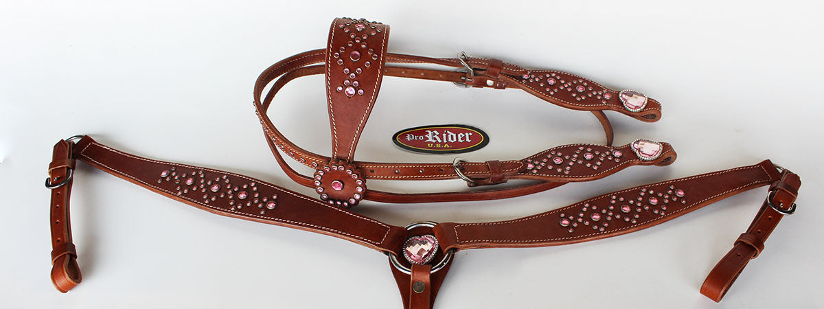 Horse Western Riding Leather Bridle Headstall Breast Collar Tack Pink 7621
