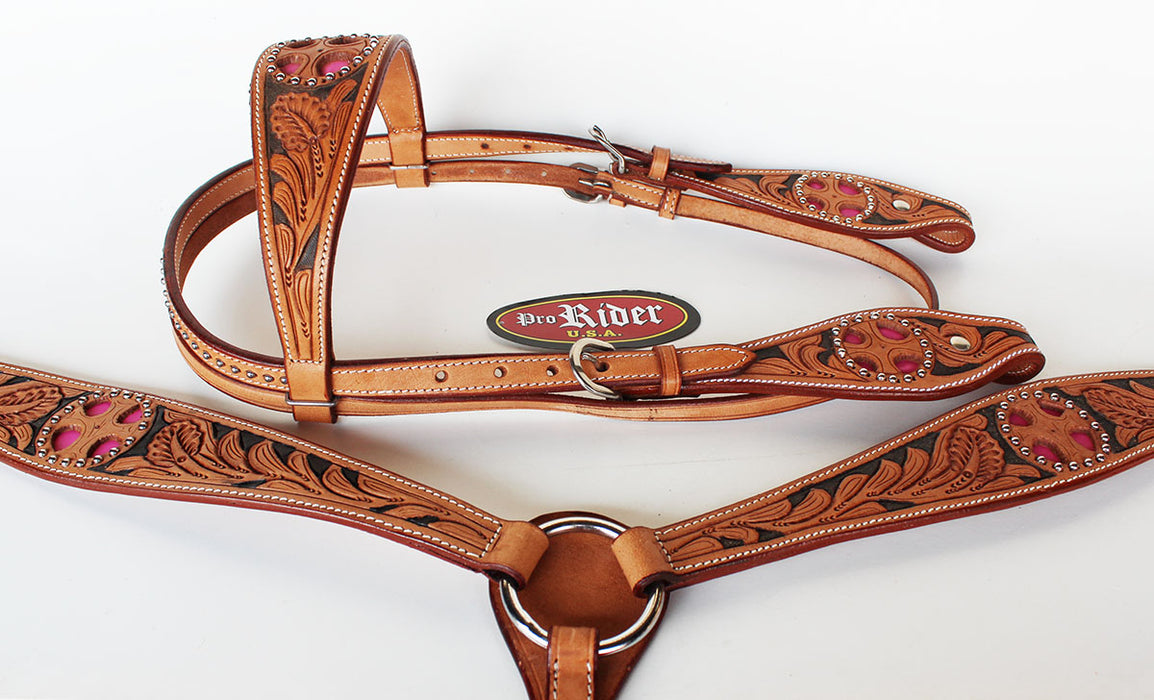 Horse Western Riding Leather Bridle Headstall Breast Collar Tack Pink 7624