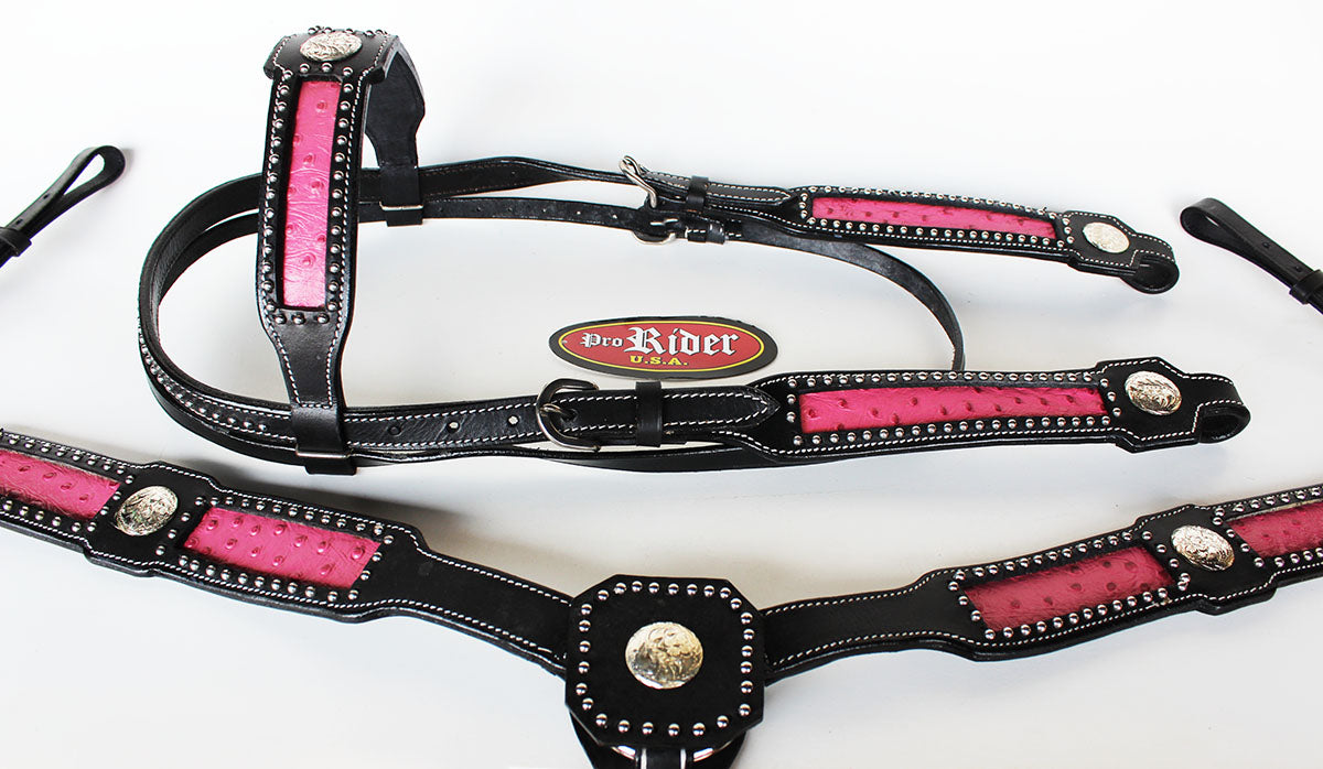 Horse Western Riding Leather Bridle Headstall Breast Collar Tack Pink 7627
