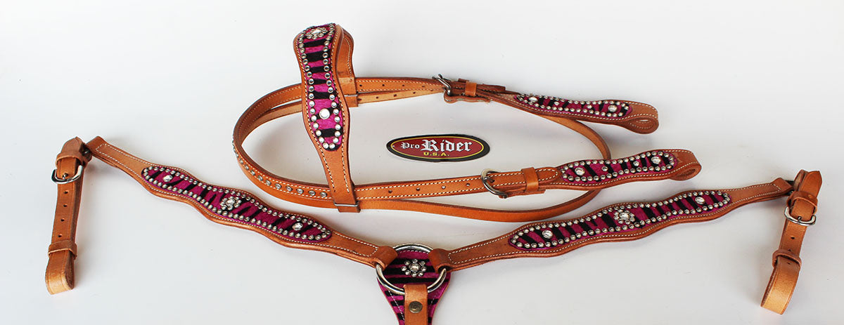 Horse Western Riding Leather Bridle Headstall Breast Collar Tack Pink 7629