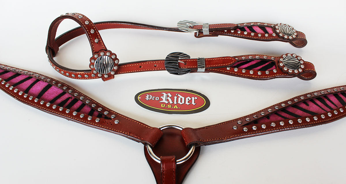 Horse Western Riding Leather Bridle Headstall Breast Collar Tack Pink 7631