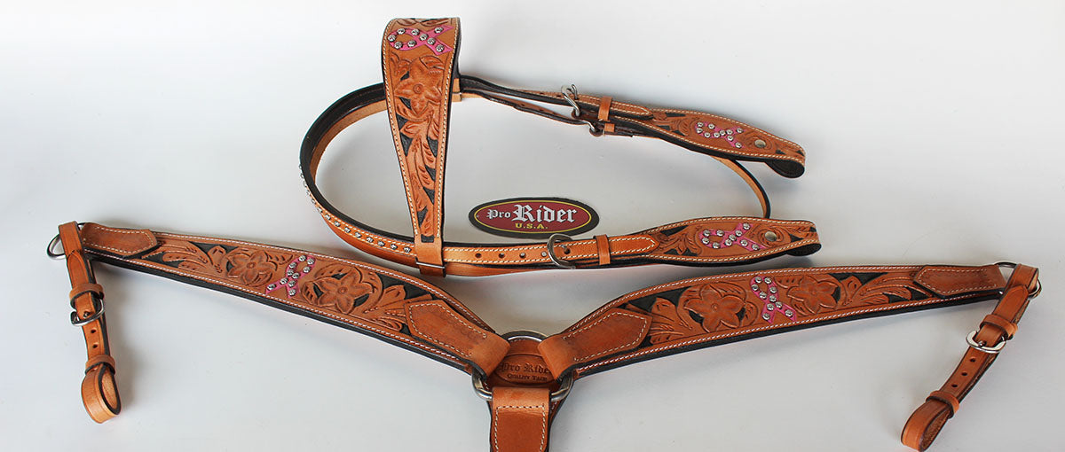 Horse Western Riding Leather Bridle Headstall Breast Collar Tack Pink 7633