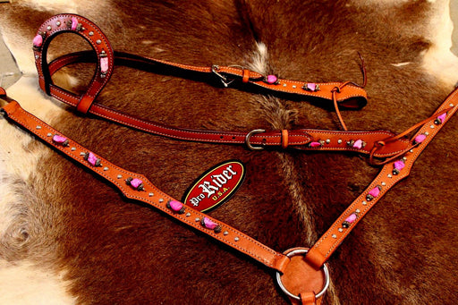 Horse Western Riding Leather Bridle Headstall Breast Collar Tack Pink 7638