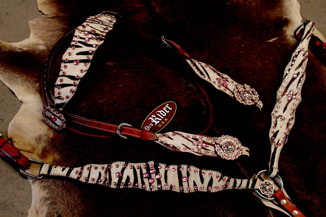 Horse Western Riding Leather Bridle Headstall Breast Collar Tack Pink 7645