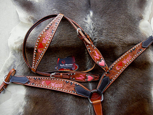 Horse Western Riding Leather Bridle Headstall Breast Collar Tack Pink 7647