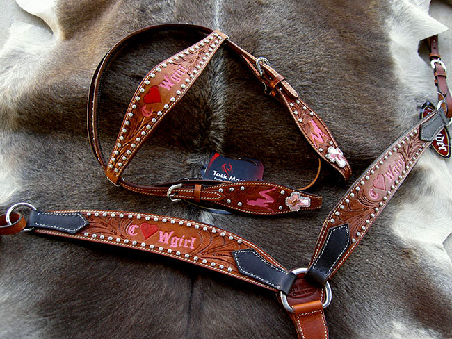 Horse Western Riding Leather Bridle Headstall Breast Collar Tack Pink 7649