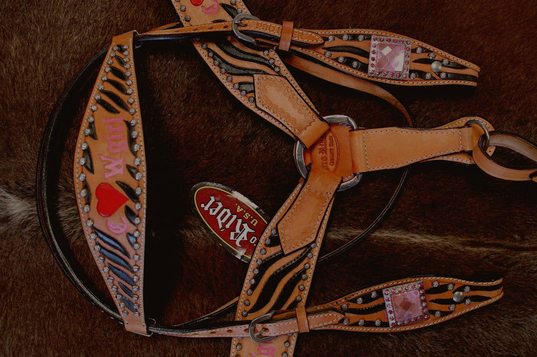 Horse Western Riding Leather Bridle Headstall Breast Collar Tack Pink 7651