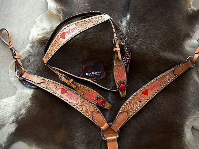 Horse Western Riding Leather Bridle Headstall Breast Collar Tack Pink 7652