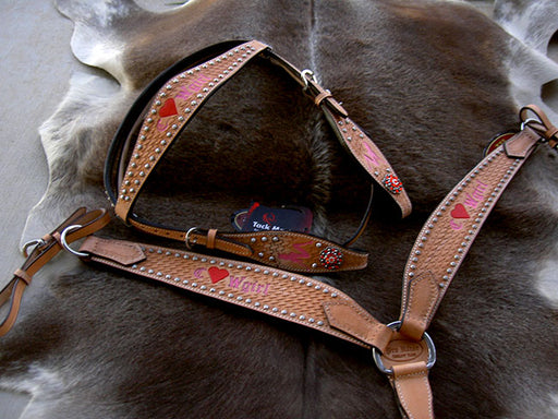 Horse Western Riding Leather Bridle Headstall Breast Collar Tack Pink 7656
