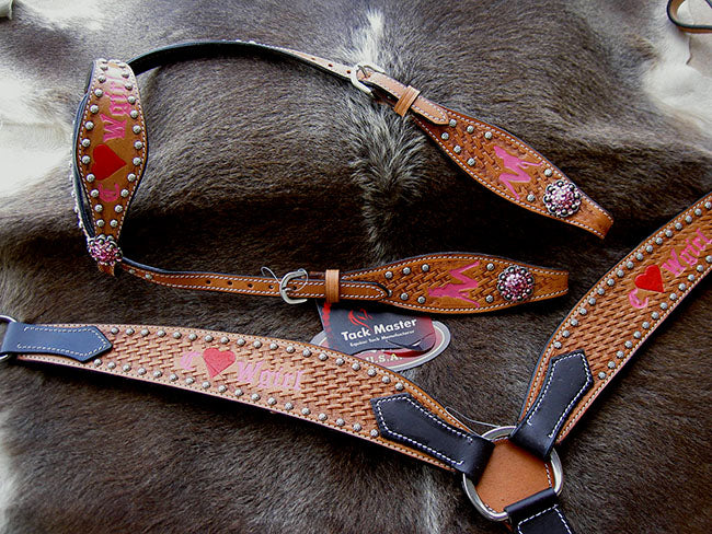 Horse Western Riding Leather Bridle Headstall Breast Collar Tack Pink 7657
