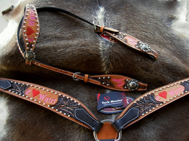 Horse Western Riding Leather Bridle Headstall Breast Collar Tack Pink 7658