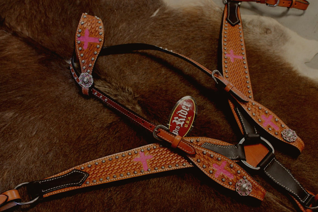 Horse Western Riding Leather Bridle Headstall Breast Collar Tack Pink 7659