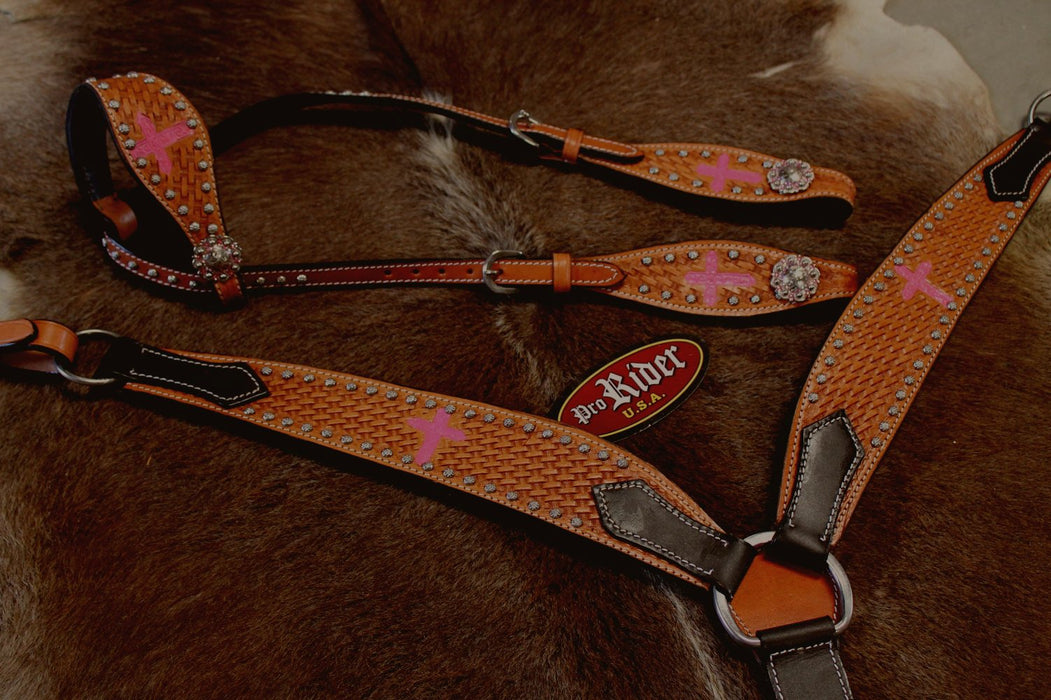 Horse Western Riding Leather Bridle Headstall Breast Collar Tack Pink 7659