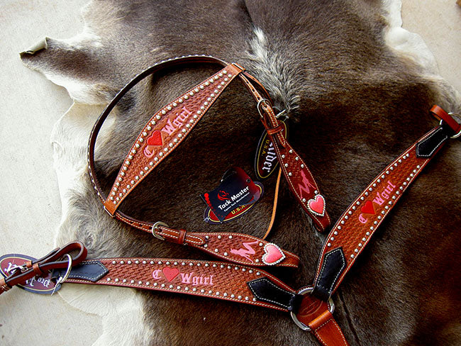 Horse Western Riding Leather Bridle Headstall Breast Collar Tack Pink 7664
