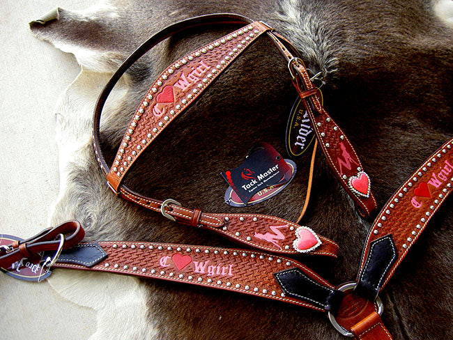 Horse Western Riding Leather Bridle Headstall Breast Collar Tack Pink 7664