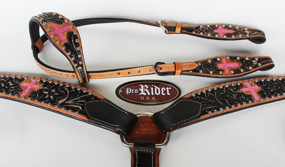 Horse Western Riding Leather Bridle Headstall Breast Collar Tack Pink Cross 7684