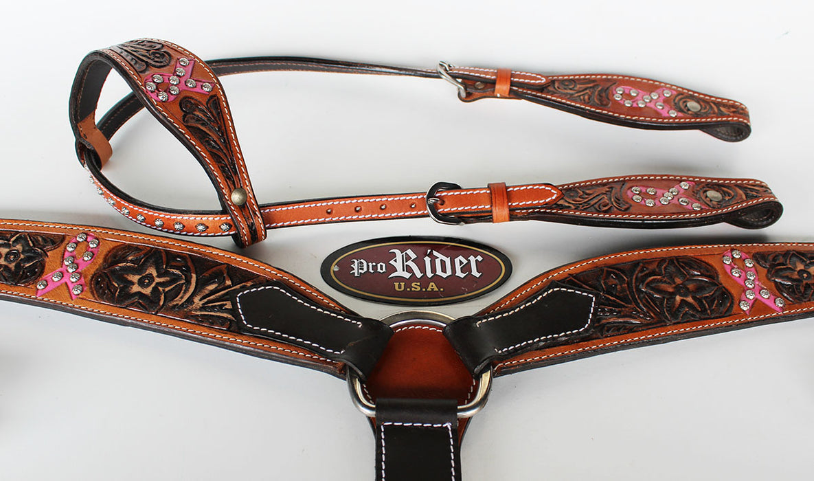 Horse Western Riding Leather Bridle Headstall Breast Collar Tack Pink 7687