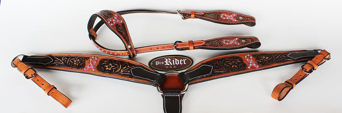 Horse Western Riding Leather Bridle Headstall Breast Collar Tack Pink 7687