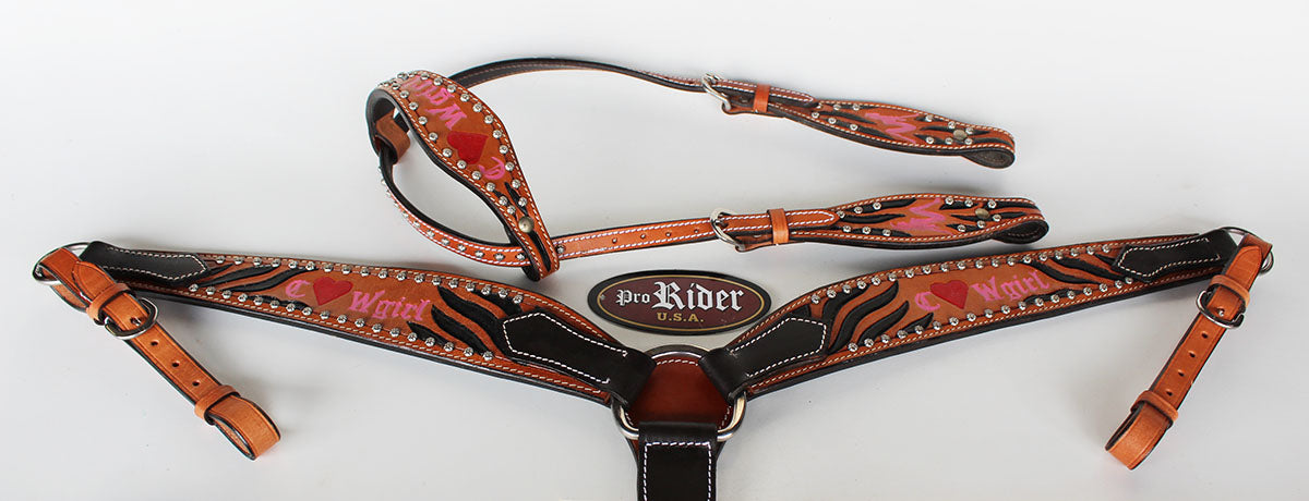 Horse Western Riding Leather Bridle Headstall Breast Collar Tack Pink 7688