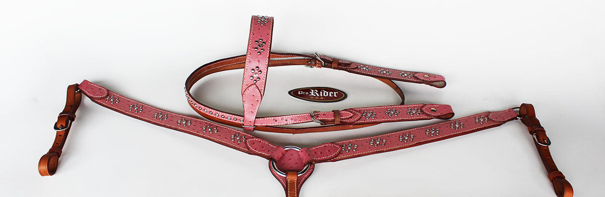Horse Western Riding Leather Bridle Headstall Breast Collar Tack Pink 7697