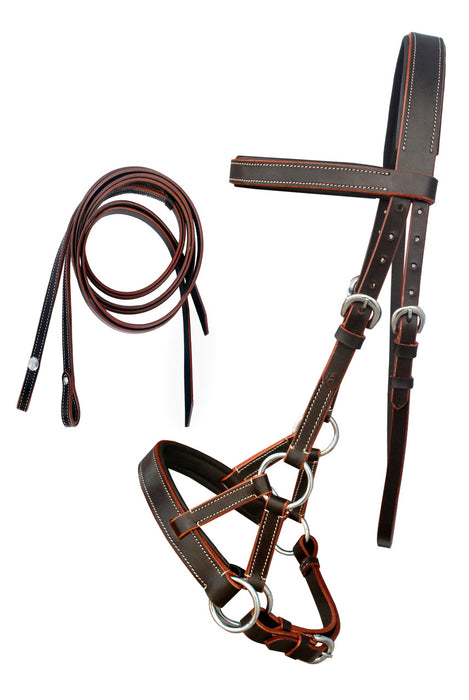 English Western Horse Leather Bitless Bridle Sidepull Halter Reins  Brown 7701BRF