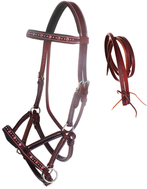 Horse Western Leather Beaded Bitless Sidepull Bridle Reins 77RS05PK-F