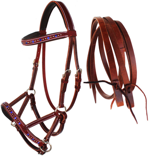 Horse Western Leather Beaded Bitless Sidepull Bridle Reins 77RS05RB-F