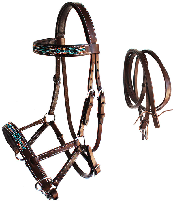 Horse Western Leather Tack Beaded Bitless Sidepull Bridle Reins Brown 77RS10BR
